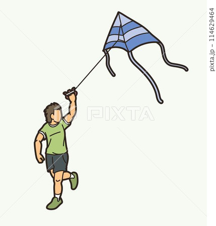 A Boy Running Fly a Kite Child Playing Cartoon Sport Graphic Vector 114629464