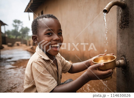 Portrait of happy African child pouring water into bowl from outdoor water faucet. Affordable fresh drinking water in arid poor regions of Africa. Ai generation 114630026