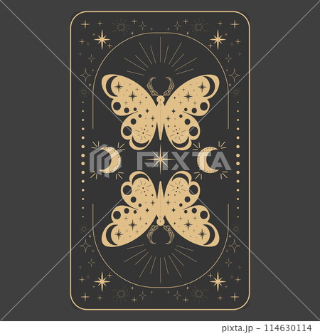 Tarot reverce border magic sacred cover card frame gold line border celelstial mystery esoteric decoration with moth stars and moon on dark background. 114630114