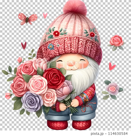gnome with bouquet of red roses 114630584