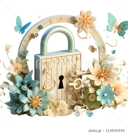 3D lock and key with flowers  114630593