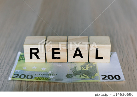 Real word on wooden cubes blocks, money 200 Euro banknotes. Management big salary career concept. 114630696