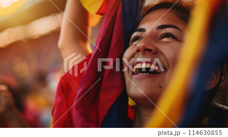 a soccer fan, their eyes shining with passion as they raise their scarf high in the air 114630855