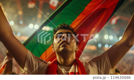 a soccer fan, their eyes shining with passion as they raise their scarf high in the air 114630886