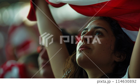 a soccer fan, their eyes shining with passion as they raise their scarf high in the air 114630892
