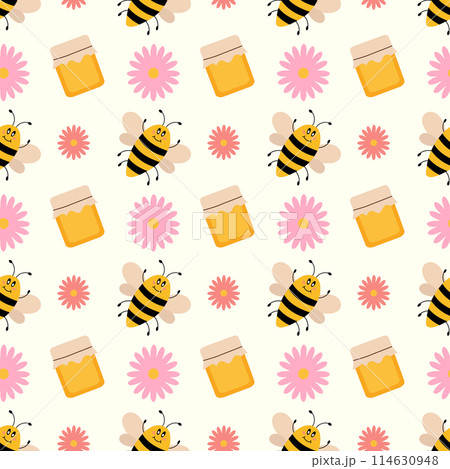 Vector cute cartoon seamless pattern with bee, honey jar and flowers. Funny bees background. Vector flat illustration. Vector cute cartoon seamless pattern with bee, honey jar and flowers. Funny bees background. Vector flat illustration. 114630948