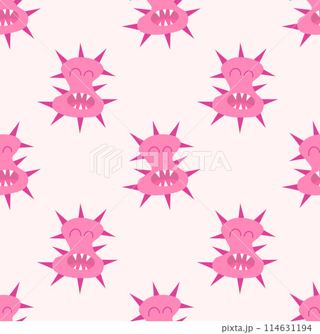 Seamless Pattern with Cute cartoon character virus, bacteria, microbe. Microbiology organism funny face wallpaper. Mascot expressing emotion background. Vector children illustration in flat design. 114631194