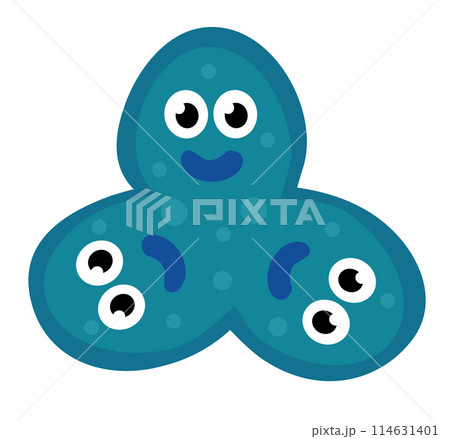 Cute cartoon blue character bacteria, microbe, germ. Microbiology organism. Mascot expressing emotion. Vector children illustration in flat design. 114631401