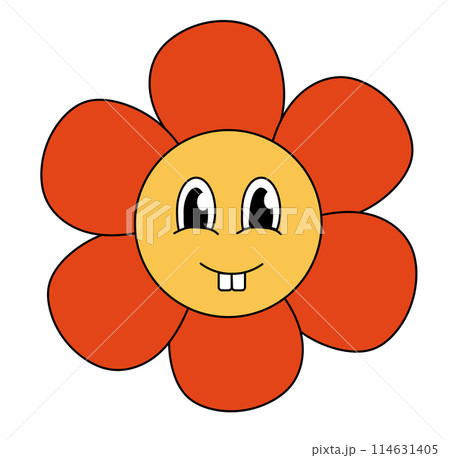 Retro 70s 60s 80s Hippie Groovy cute Red Flower. Toothy Smiling face. Flower power element. Vector illustration isolated on a white background. Retro 70s 60s 80s Hippie Groovy cute Red Flower. Toothy Smiling face. Flower power element. Vector illustration isolated on a white background. 114631405