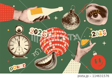 Set of halftone stickers - hand holding drink, lips, mouth, smile, disco ball, clock and bauble. Retro collection of Christmas and New Year design elements. Trendy newspaper collage.Party time. Vector 114631576