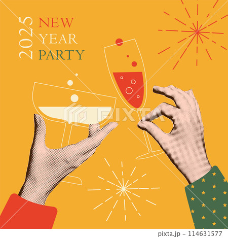 2025 New year retro greeting card. Hands clinking glasses of champagne halftone art collage. Cutout magazine shapes with doodles, modern retro festive design. Vector illustration in muted colors 114631577
