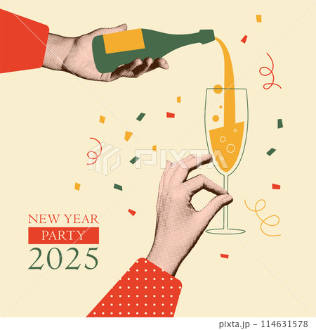 2025 New year retro card template, Vintage Christmas celebration. Halftone hands pouring champagne from bottle. Trendy newspaper collage. People drink wine, champagne at party. Vector illustration. 114631578