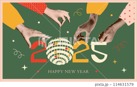 Happy New Year 2025 vintage collage card template. Halftone hands holding numbers 2025 and disco ball. Muted Retro New Year banner, poster. Trendy retro vector illustration 114631579