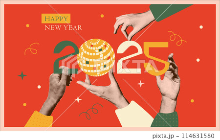 2025 New year art collage banner with halftone hands holding disco ball and cut out numbers. Trendy muted retro vector illustration 114631580