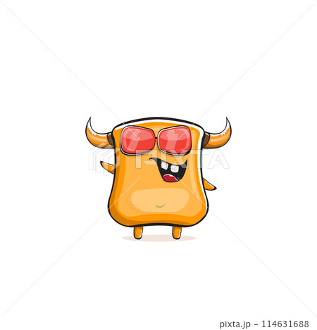 Vector cartoon funny summer orange monster with sunglasses isolated on transparent background. Smiling silly orange monster print sticker design template. Gremlin, goblin, devil and monster 114631688