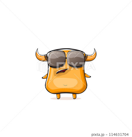 Vector cartoon funny summer orange monster with sunglasses isolated on transparent background. Smiling silly orange monster print sticker design template. Gremlin, goblin, devil and monster 114631704
