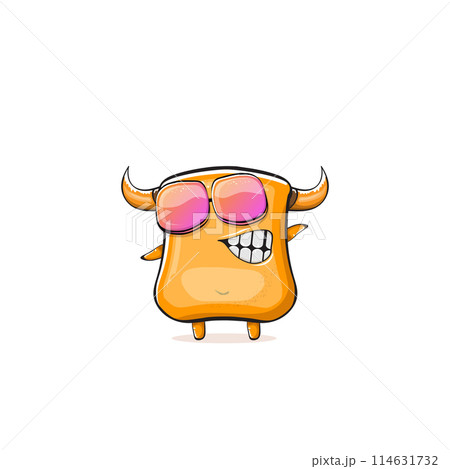 Vector cartoon funny summer orange monster with sunglasses isolated on transparent background. Smiling silly orange monster print sticker design template. Gremlin, goblin, devil and monster Vector cartoon funny summer orange monster with sunglasses isolated on transparent background. Smiling silly orange monster print sticker design template. Gremlin, goblin, devil and monster 114631732