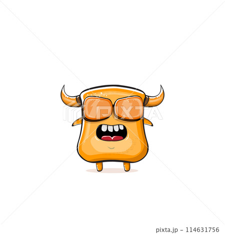 Vector cartoon funny summer orange monster with sunglasses isolated on transparent background. Smiling silly orange monster print sticker design template. Gremlin, goblin, devil and monster 114631756