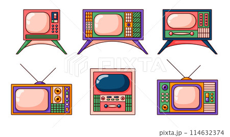 Retro TV set in pop cartoon style. Hand drawn vintage pink collection with screen. Vector illustration isolated on a white background. Retro TV set in pop cartoon style. Hand drawn vintage pink collection with screen. Vector illustration isolated on a white background. 114632374