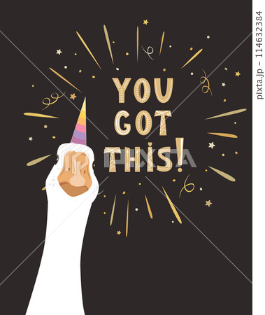 White goose head with unicorn horn and You got this lettering lettering in Scandinavian style. Funny inspirational card. Vector isolated illustration White goose head with unicorn horn and You got this lettering lettering in Scandinavian style. Funny inspirational card. Vector isolated illustration 114632384