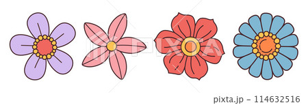 Set Trendy groovy wildflower 70s Vintage style 114632516