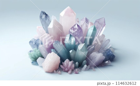 様々な形をした淡い色合いの水晶 114632612
