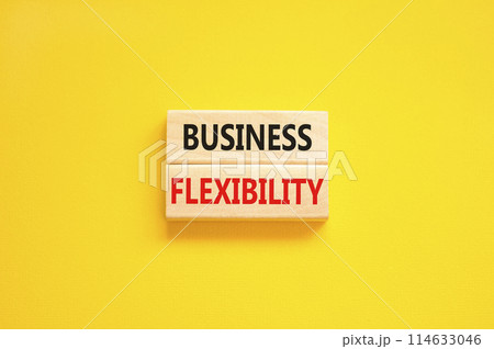 Business flexibility symbol. Concept words Business flexibility on beautiful wooden block. Beautiful yellow paper background. Business flexibility concept. Copy space. Business flexibility symbol. Concept words Business flexibility on beautiful wooden block. Beautiful yellow paper background. Business flexibility concept. Copy space. 114633046
