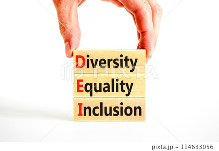DEI diversity equality inclusion symbol. Concept words DEI diversity equality inclusion on blocks. Beautiful white background. Business DEI diversity equality inclusion concept. Copy space. DEI diversity equality inclusion symbol. Concept words DEI diversity equality inclusion on blocks. Beautiful white background. Business DEI diversity equality inclusion concept. Copy space. 114633056