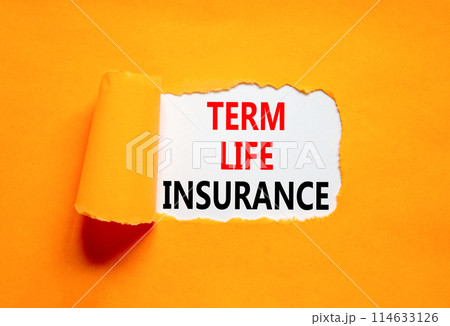 Term life insurance symbol. Concept words Term life insurance on beautiful white paper. Beautiful orange paper background. Medical term life insurance concept. Copy space. 114633126