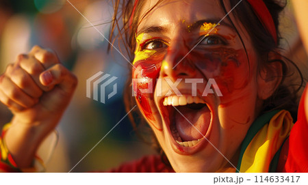 a soccer fan, their face painted in the colors of the portugal flag, erupting into jubilant celebration 114633417