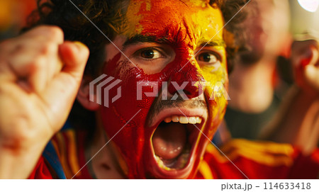 a soccer fan, their face painted in the colors of the portugal flag, erupting into jubilant celebration a soccer fan, their face painted in the colors of the portugal flag, erupting into jubilant celebration 114633418