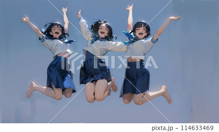 青空にジャンプする女子生徒たち 114633469