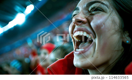 photo of a passionate soccer fan, captured in a moment of pure exhilaration as they cheer on their team 114633565