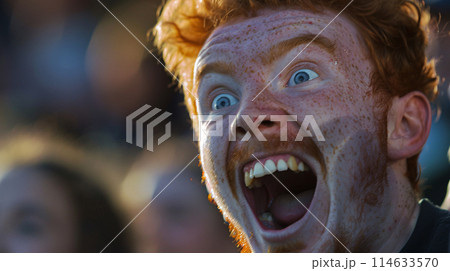 photo of a passionate soccer fan, captured in a moment of pure exhilaration as they cheer on their team 114633570