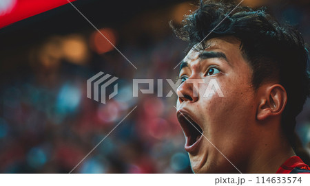 photo of a passionate soccer fan, captured in a moment of pure exhilaration as they cheer on their team 114633574