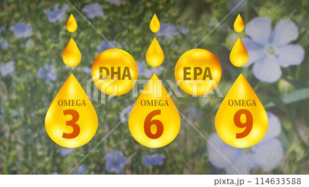 アマの花（ぼかし）背景の脂肪酸イメージイラスト　オメガ3　オメガ6　オメガ9　DHA　EPA 114633588