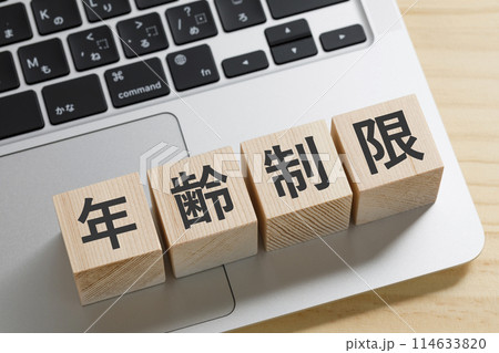 年齢制限と書かれた積み木のブロック 114633820