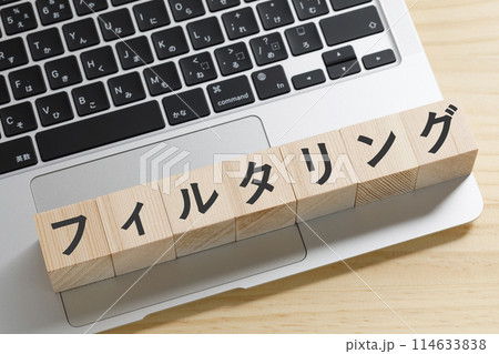 フィルタリングと書かれた積み木のブロック 114633838