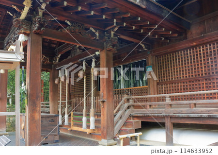 Muko-Jinja Shinto Shrine in Muko City of Kyoto Japan. Founded in the year 718 by the Mutobe clan as requested by Emperor Jinmu. Its design was copied by the Meiji Jingu in Tokyo. Muko-Jinja Shinto Shrine in Muko City of Kyoto Japan. Founded in the year 718 by the Mutobe clan as requested by Emperor Jinmu. Its design was copied by the Meiji Jingu in Tokyo. 114633952