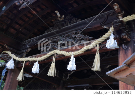 Muko-Jinja Shinto Shrine in Muko City of Kyoto Japan. Founded in the year 718 by the Mutobe clan as requested by Emperor Jinmu. Its design was copied by the Meiji Jingu in Tokyo. 114633953