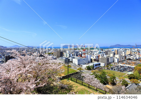 【香川県】春の丸亀城より眺める丸亀市街地と瀬戸内海 114634046