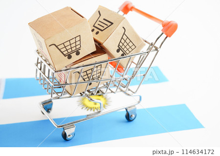 Online shopping, Shopping cart box on Argentina flag, import export, finance commerce. Online shopping, Shopping cart box on Argentina flag, import export, finance commerce. 114634172