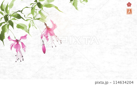 Minimalist painting of pink fuchsia flowers on white background. Traditional oriental ink painting sumi-e, u-sin, go-hua on rice paper background. Hieroglyph - beauty. Minimalist painting of pink fuchsia flowers on white background. Traditional oriental ink painting sumi-e, u-sin, go-hua on rice paper background. Hieroglyph - beauty. 114634204