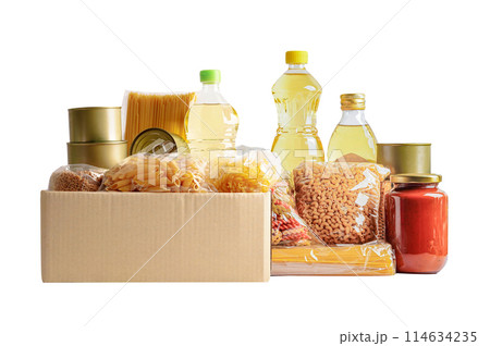 Foodstuffs in donation box isolated on white background for volunteer to help people. 114634235