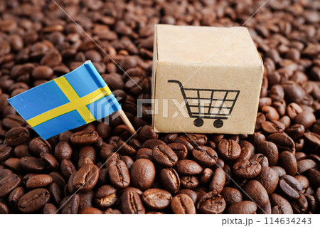 Sweden flag with shopping cart on coffee beans, shopping online for export or import food product. 114634243