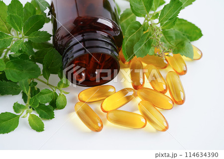 Alternative medicine herbal organic capsule with vitamin E omega 3 fish oil, mineral, drug with herbs leaf natural supplements for healthy good life. 114634390