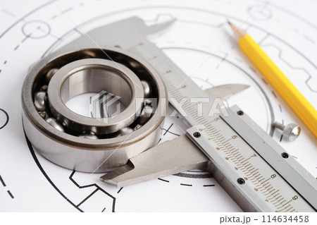 Engineering and precision tools with metal ball bering, mechanical industrial. 114634458