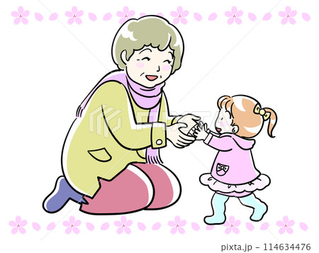 祖母と孫と桜の花 114634476