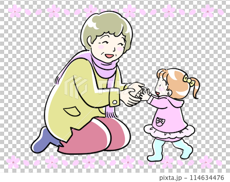 祖母と孫と桜の花 114634476