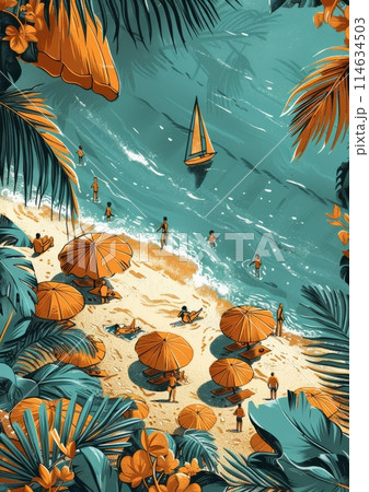 Modern Tropical Beach Linocut Print with Orange...のイラスト素材 [114634503 ...